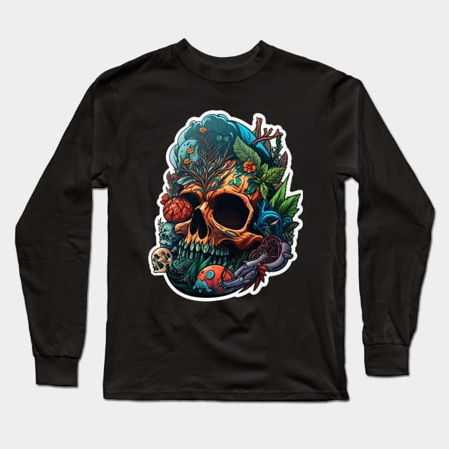 Floral Skull Tattoo Illustration: Edgy Design Long Sleeve T-Shirt by Snoe